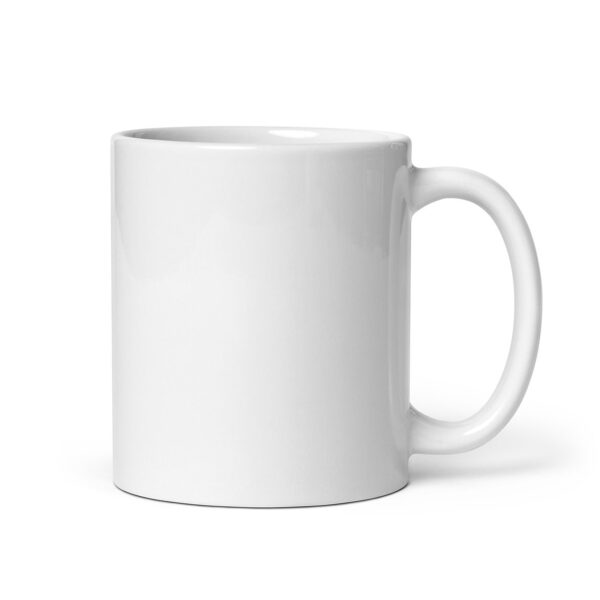 Straight-on view of a plain white ceramic mug with no visible design, positioned to show the handle on the right side.