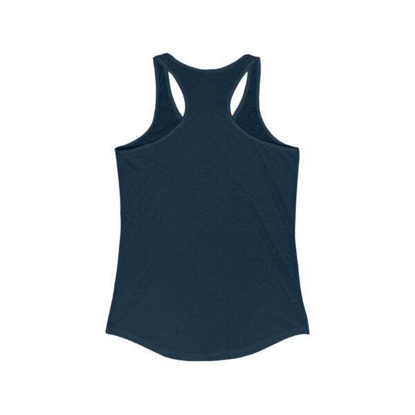 Back view of a navy blue women's racerback tank top with no visible design or text.