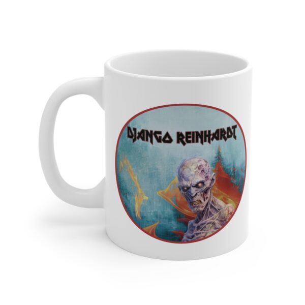 White ceramic mug featuring a circular illustration of a skeletal zombie figure with a fiery background and forest scene, along with the name "Django Reinhardt" in a bold, heavy-metal style font above the image