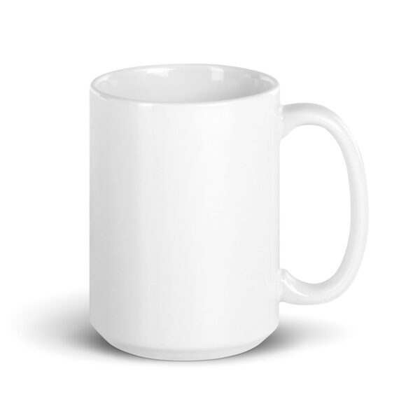 Plain white ceramic mug with a glossy finish, shown from the side with the handle on the right and no visible design or branding.