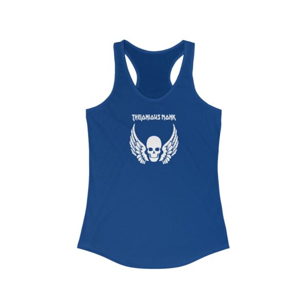 Front view of a royal blue women's racerback tank top featuring a white skull with wings graphic and the text "Thelonious Monk" in a bold, stylized font above the design.