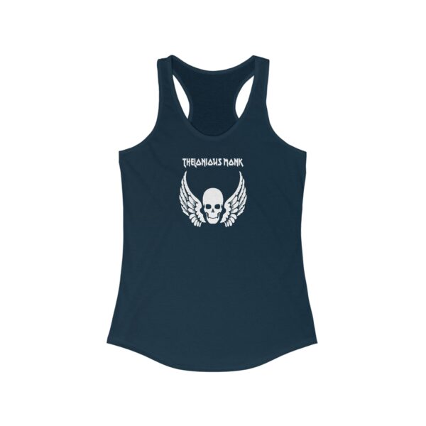 Front view of a navy blue women's racerback tank top featuring a white skull with wings graphic and the text "Thelonious Monk" above it in a bold, stylized font.