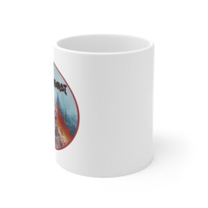 Side angle view of a white ceramic mug featuring a partially visible circular graphic of a skeletal zombie with a fiery background and the name "Django Reinhardt" in bold gothic font