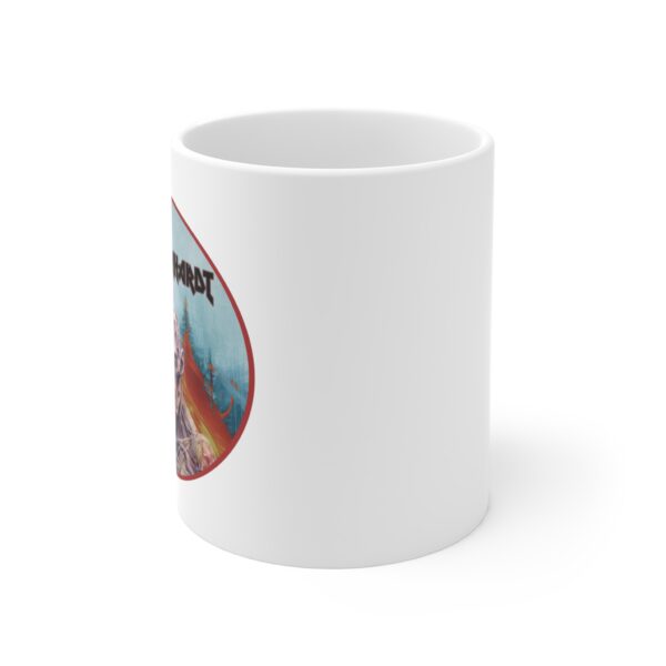 Side angle view of a white ceramic mug featuring a partially visible circular graphic of a skeletal zombie with a fiery background and the name "Django Reinhardt" in bold gothic font