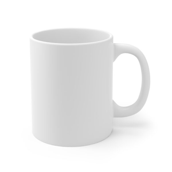 Blank white ceramic mug with handle, isolated on a white background with soft shadowing