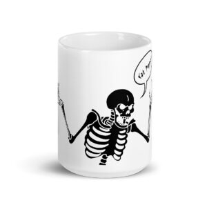 White ceramic mug with a black illustration of a full skeleton raising both arms, featuring a speech bubble that reads Cat Popper.