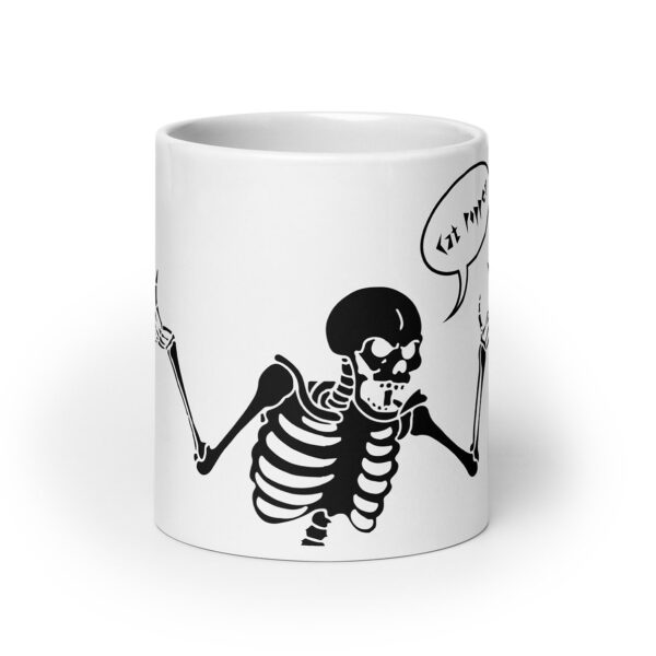 White ceramic mug featuring a bold black illustration of a full skeleton in a playful pose, arms lifted with fingers splayed. The skeleton appears to be speaking, with a speech bubble that says "Cat Popper" in a stylized font. The high-contrast black and white design creates a cheeky, graphic aesthetic perfect for a quirky or rock-inspired theme.
