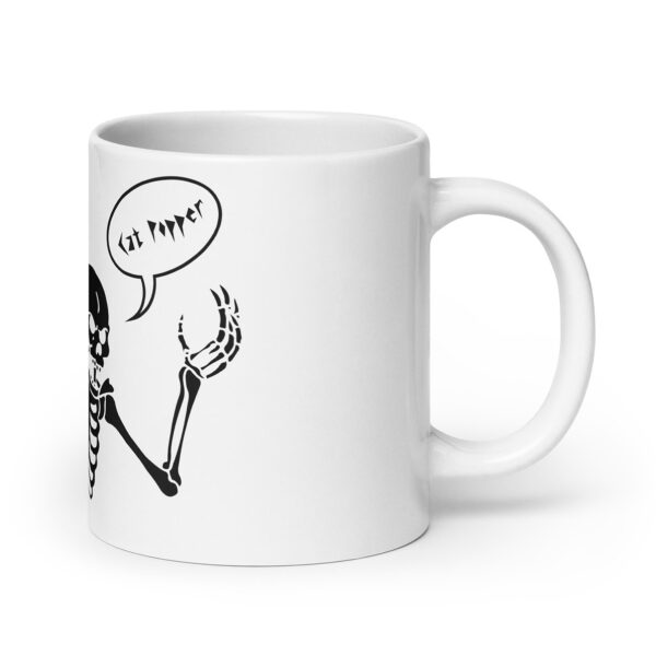 White ceramic mug featuring a black skeleton illustration. The skeleton is raising one hand and has a speech bubble that reads "Cat Popper" in a stylized, jagged font. The design is bold and graphic, emphasizing a minimalist black-and-white contrast.