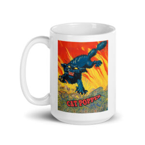 White ceramic mug featuring a vibrant design of a fierce black cat leaping with claws outstretched against an intense orange and yellow background, with the text "Cat Popper" at the bottom.