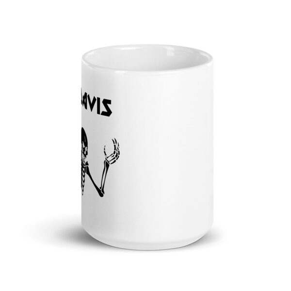 White ceramic mug with partial black graphic of a skeleton and the word "DAVIS" in bold, stylized text near the top left. The design is only partially visible from the angle shown.