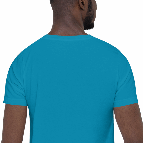 Back view of an ocean blue t-shirt worn by a man, with no visible graphic.