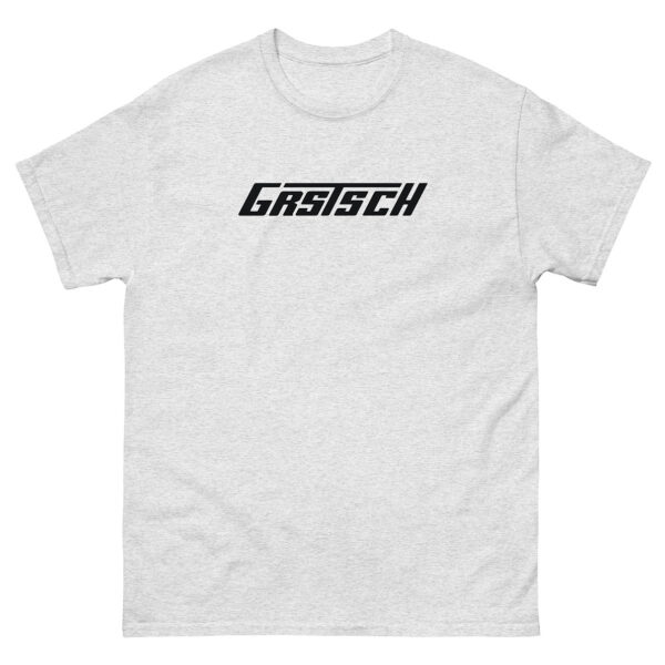 A light heather gray t-shirt featuring a black “Grstsch” logo in bold lettering on the chest.