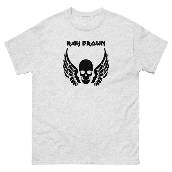 Heather grey t-shirt displaying the same black-winged skull and "Ray Brown" text graphic on the front.