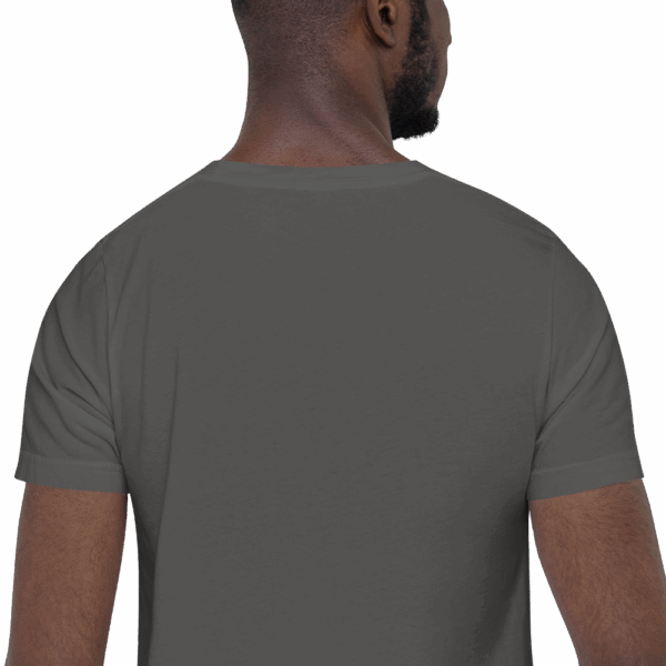 Back view of the gray t-shirt, showing no visible design, just the plain fabric.