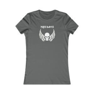 Front view of a dark gray women’s fitted T-shirt featuring the same white "Miles Davis" skull and wings design.
