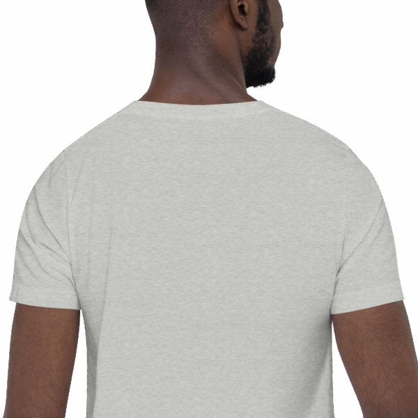 Back view of a light heather gray t-shirt worn by a man, showing the blank back of the shirt.