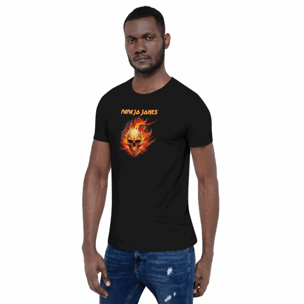 Man modeling the same black graphic t-shirt, now turned slightly to his right with arms relaxed.