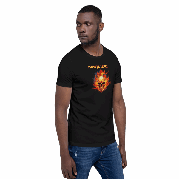 Man modeling the black “Papa Jo Jones” flaming skull t-shirt, turned slightly to his left.
