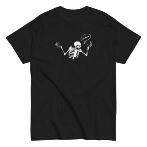 Black t-shirt with white skeleton illustration and the words Cat Popper in a speech bubble