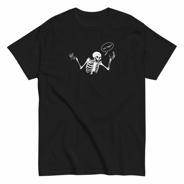Black t-shirt with white skeleton illustration and the words Cat Popper in a speech bubble