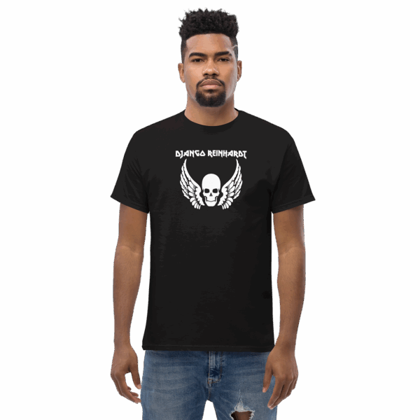 Django Reinhardt tribute t-shirt in black, featuring a white winged skull graphic and bold uppercase name text, modeled straight-on.