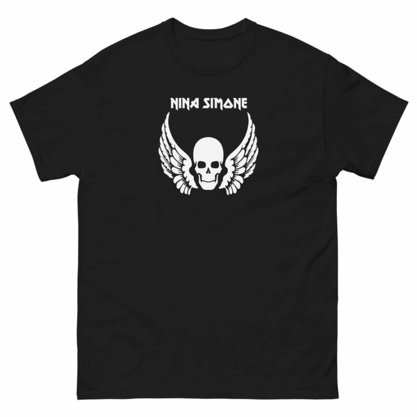 Black t-shirt featuring a white “Nina Simone” skull and wings graphic.