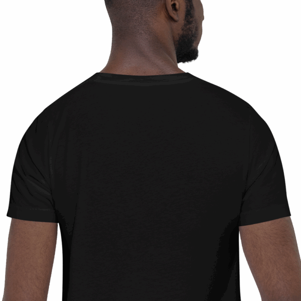 Back view of a black t-shirt worn by a man, showing the plain back of the shirt.