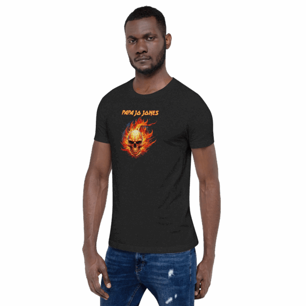 Front-facing man wearing a black heathered T-shirt with a fiery skull graphic and bold orange “Papa Jo Jones” text.