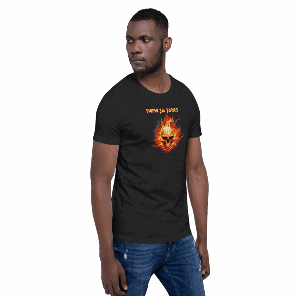 Man in black heathered T-shirt looking to the side, with a centered flaming skull graphic and “Papa Jo Jones” in orange.