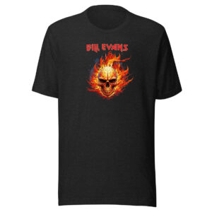 A heather black T-shirt with a vivid flaming skull graphic and red “Bill Evans” type above.