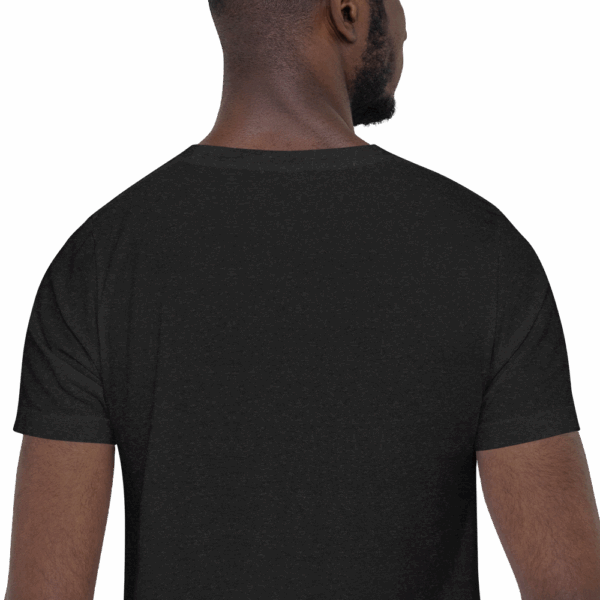 Back view of a black heather t-shirt worn by a man, showing the plain back of the shirt.