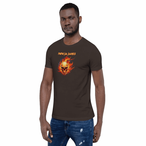 Man standing in chocolate brown T-shirt featuring a centered flaming skull and orange “Papa Jo Jones” text.