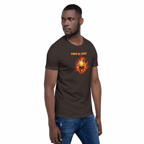 Man in a chocolate brown T-shirt with a central flaming skull and “Papa Jo Jones” text in orange.
