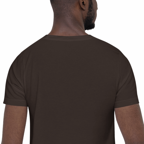 Back view of a man in a plain chocolate brown fitted T-shirt, no visible graphic.