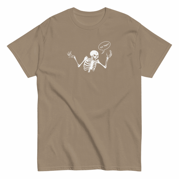 Tan t-shirt with white skeleton illustration and the words Cat Popper in a speech bubble