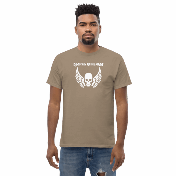 Django Reinhardt tribute t-shirt in sand beige, featuring a white winged skull graphic and bold uppercase name text, modeled straight-on.