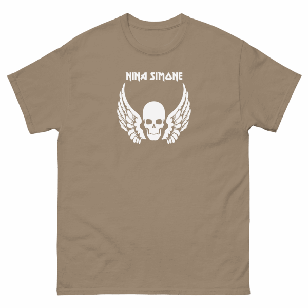 Tan t-shirt featuring a white “Nina Simone” skull and wings graphic.