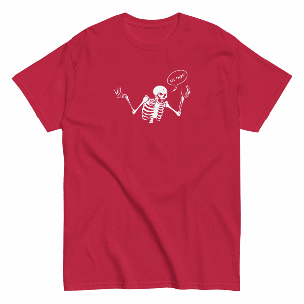 Unisex red t-shirt with white skeleton graphic raising both hands and a speech bubble that says Cat Popper
