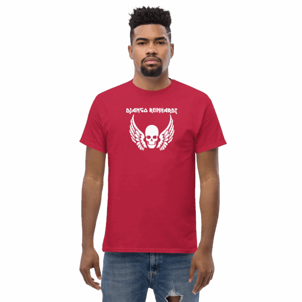 Django Reinhardt tribute t-shirt in vibrant red, featuring a white winged skull graphic and bold uppercase name text, modeled straight-on.
