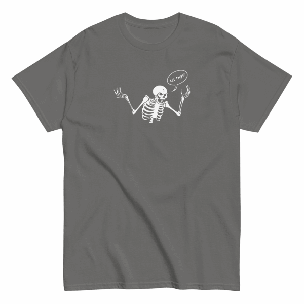 Unisex cool gray t-shirt with white skeleton graphic raising both hands and a speech bubble that says Cat Popper