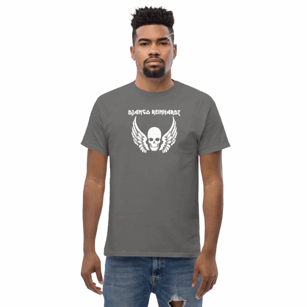 Django Reinhardt tribute t-shirt in slate gray, featuring a white winged skull graphic and bold uppercase name text, modeled straight-on.
