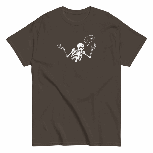 Unisex brown t-shirt with white skeleton graphic raising both hands and a speech bubble that says Cat Popper