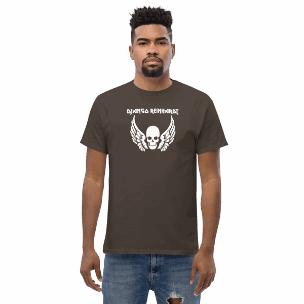 Django Reinhardt tribute t-shirt in dark brown, featuring a white winged skull graphic and bold uppercase name text, modeled front-facing.