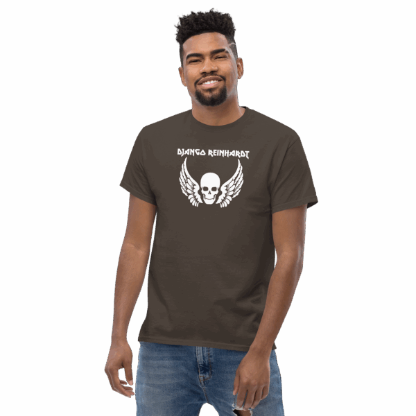 Three-quarter view of Django Reinhardt t-shirt in dark brown, worn by model, with high-contrast white winged skull graphic and gothic typeface.