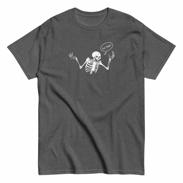 Unisex dark heather gray t-shirt with white skeleton graphic raising both hands and a speech bubble that says Cat Popper