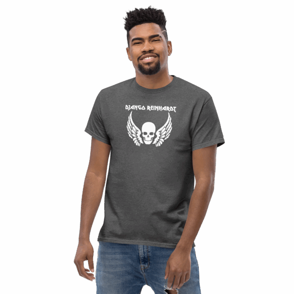 Three-quarter view of Django Reinhardt t-shirt in charcoal gray, worn by model, with stark white winged skull and sharp name lettering.