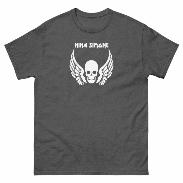 Dark heather grey t-shirt with a centered white skull with wings graphic and "Nina Simone" text above it.