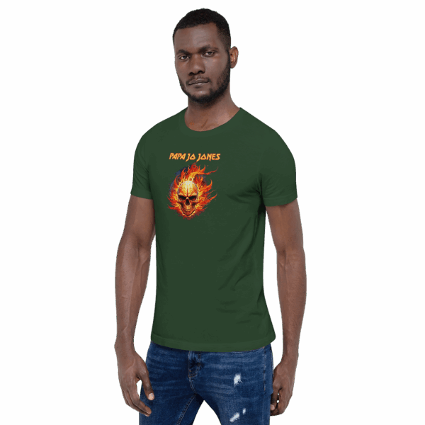 Man facing forward in a dark green graphic tee featuring a flaming skull and orange “Papa Jo Jones” text.