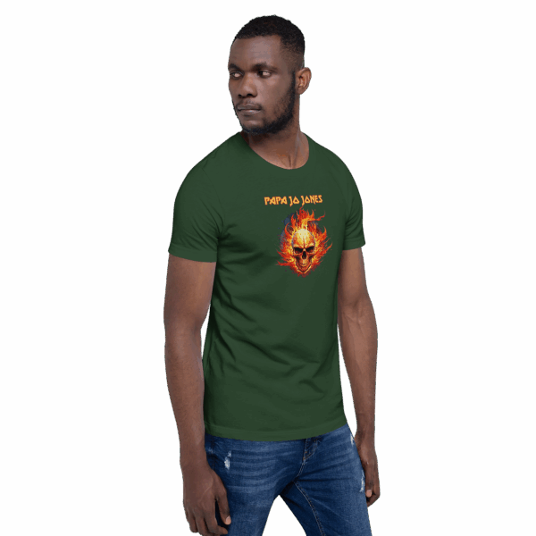 Man wearing a dark green fitted T-shirt with a flaming skull graphic and “Papa Jo Jones” text in orange above it.