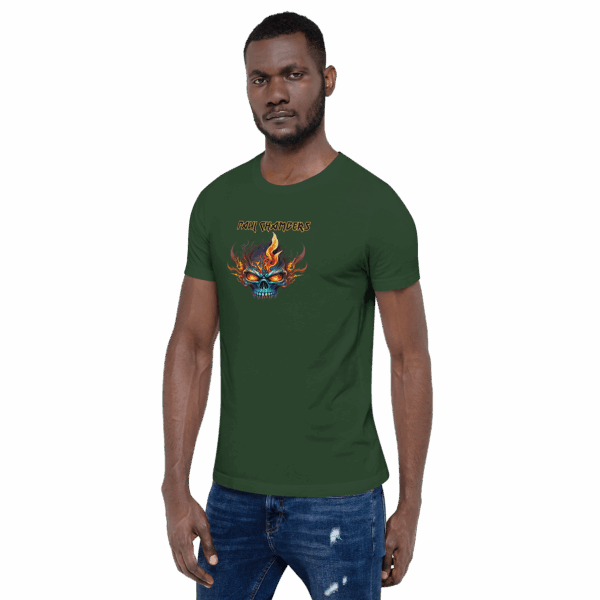 Man wearing forest green t-shirt with flaming skull graphic and “Paul Chambers” text, facing slightly left.